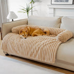 Calming Pet Couch Cover with Bolster, Striped Plush Sofa Protector for Dogs & Cats, Removable Washable Cover