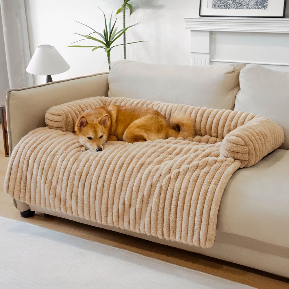 Calming Pet Couch Cover with Bolster, Striped Plush Sofa Protector for Dogs & Cats, Removable Washable Cover