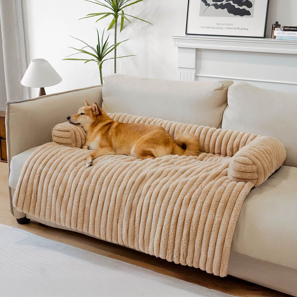 Calming Pet Couch Cover with Bolster, Striped Plush Sofa Protector for Dogs & Cats, Removable Washable Cover