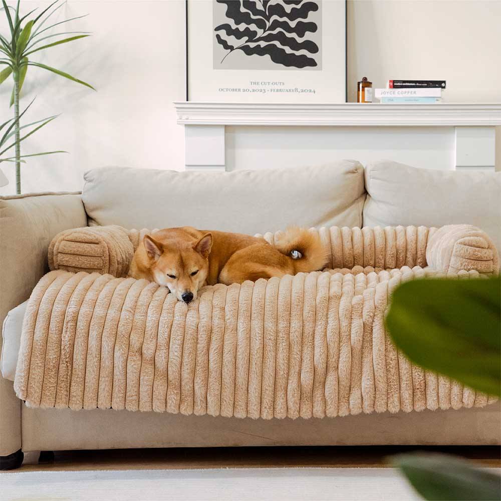 Calming Pet Couch Cover with Bolster, Striped Plush Sofa Protector for Dogs & Cats, Removable Washable Cover